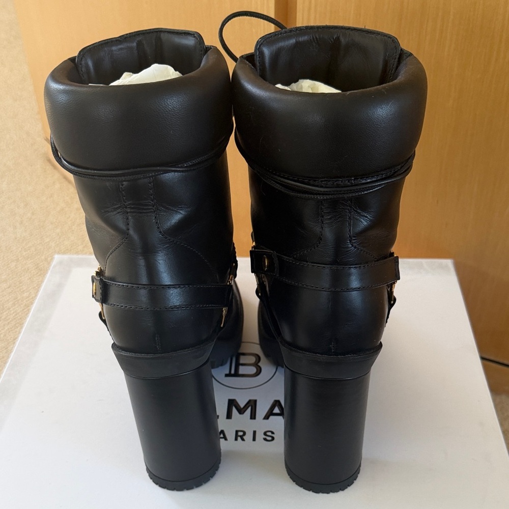 Balmain Black Heeled Boots with Gold Accents - combat style - Picture 6 of 14
